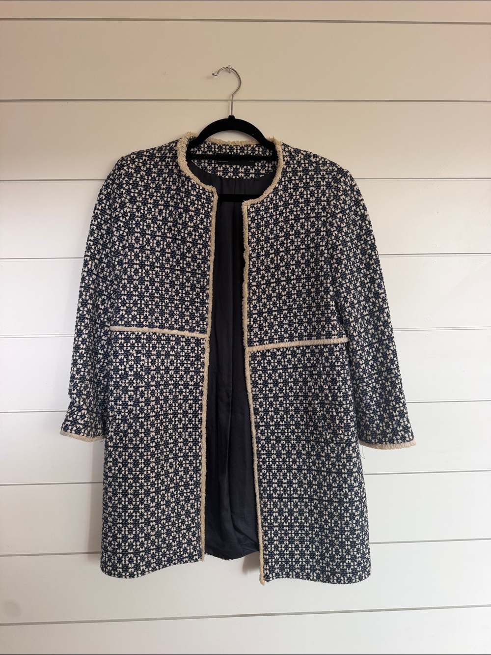 Zara Navy & Cream Bouclé Open-Front Coat